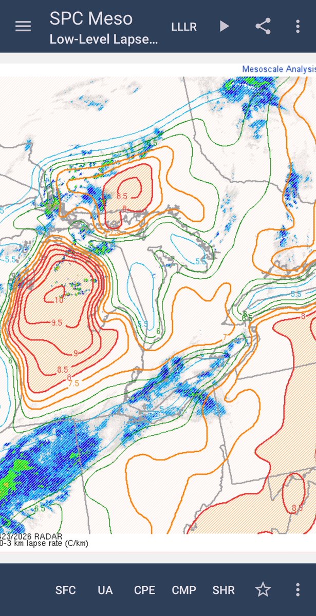 Vorticity encroaching in, low level warm air coming in...lapse rates steepening a tad bit.  Some mu cape near Owen sound and it's shallow and semi explosive hence the brn number in the pink.  Will this make it in , will the instability and lapse rates linger around enough?  #onwx
