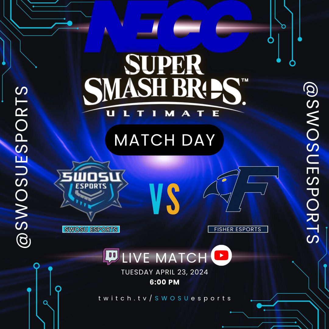 🎮 Excited for the ultimate showdown in Super Smash Bros! 🥊 Join us tonight at 6pm for the NECC game between SWOSU Esports and Fisher East Esports. It's going to be a clash of titans! Don't miss out on the action - tune in for the live stream! 🔥🕹️ #NECC #Esports #SuperSmashBros
