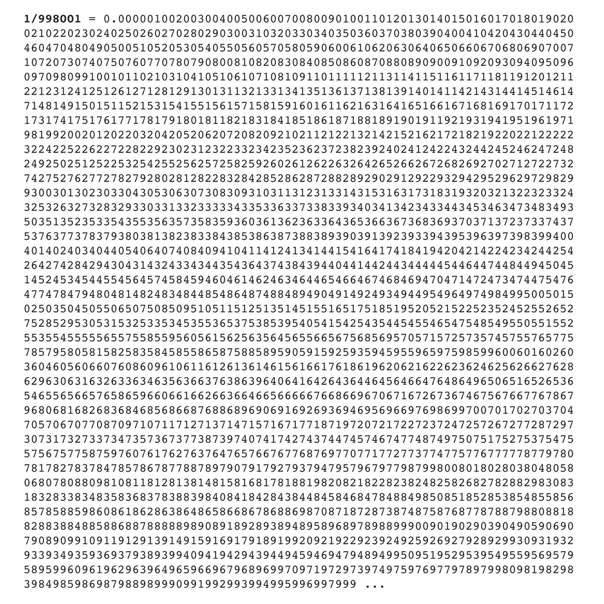 If you divide 1 by 998,001 you get all three-digit numbers from 000 to 999 in order, except for 998.😱