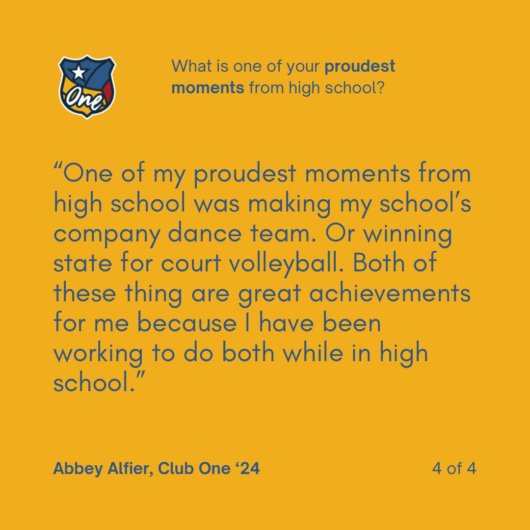 “Volleyball has taught me that pushing through and giving it your all will leave you with no regrets.” -Abbey Alfier, Club One Class of ‘24 We’re so grateful for our graduating seniors 💛 Keep checking back as we continue to feature Q&A with these special young women. #ONEVBFAM
