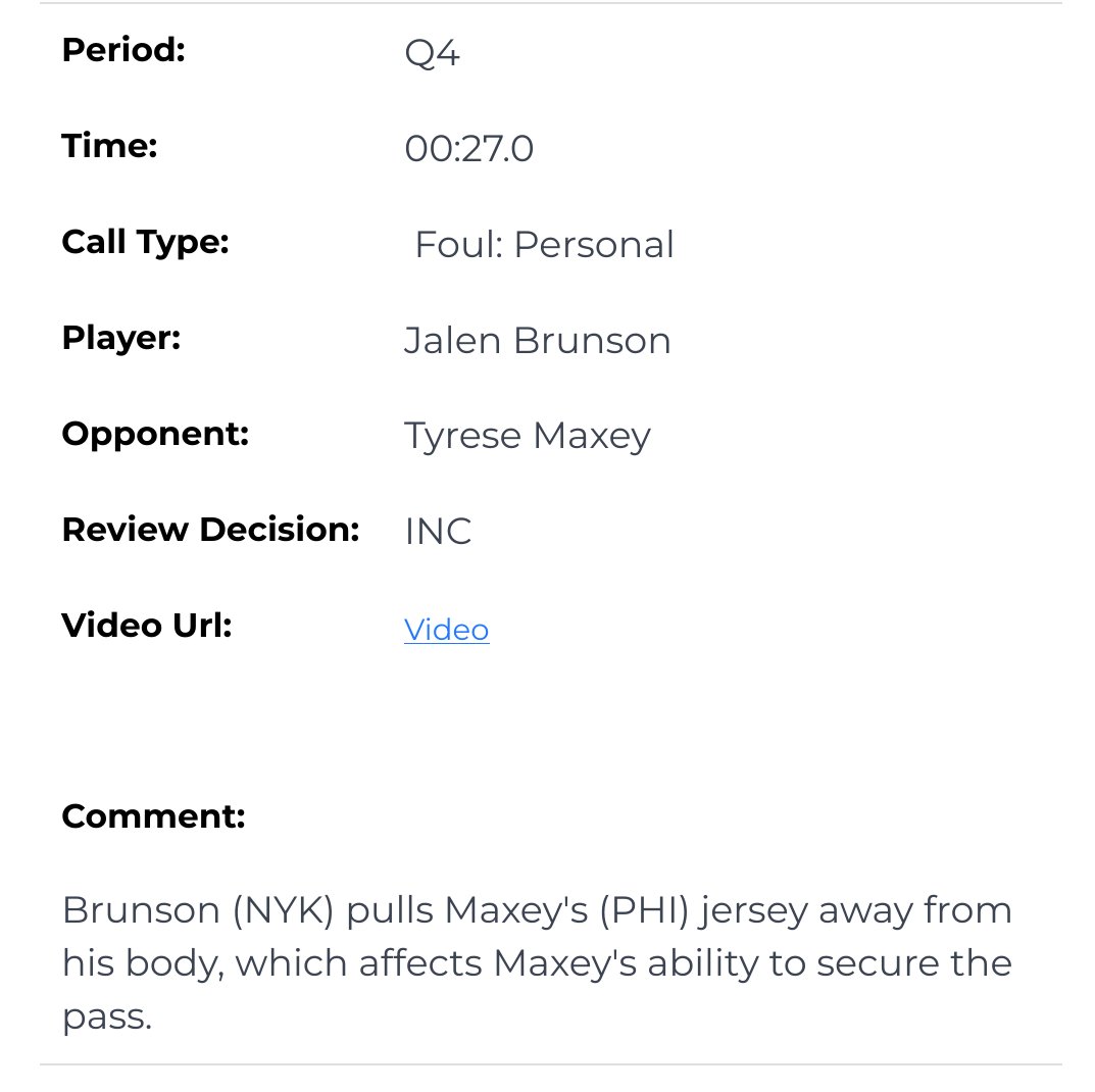 DerekBodnerNBA's tweet image. The NBA also finds that:
- Brunson did pull on Maxey's jersey, and it should have been called.
- Maxey's push-off on Hart was marginal and should not have been called.
- Nurse should have gotten a timeout.
