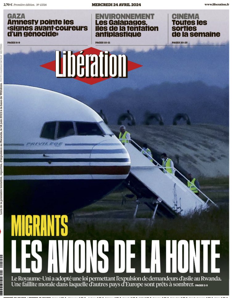 'The airplanes of shame' 👇 Tomorrow's @libe Scathing editorial ... 'a symbol of moral bankruptcy' 'unreal, absurd and unworthy' 'the abyss from which the Tories lie to the British' 'The saddest thing is Britons don't massively take to the streets to say how awful this law is'