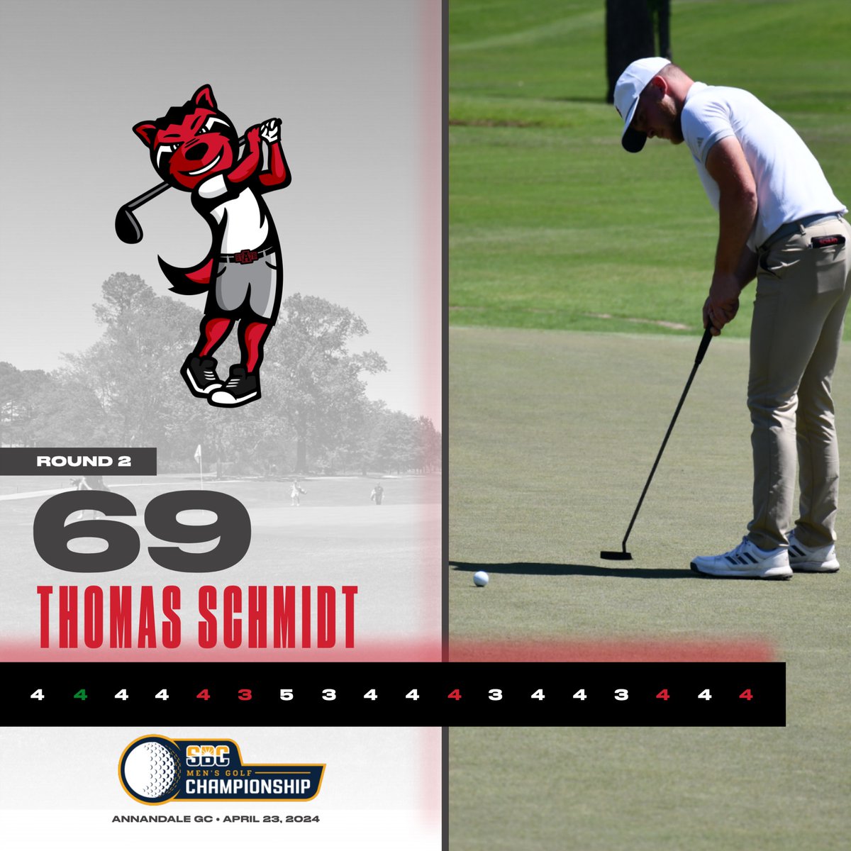 Red Wolves shoot 7-under par 281 in second round to build big lead entering final round of stroke play Wednesday @SunBelt Championship. Schmidt (1st), Pappas (T2nd) and Lile (T2nd) among top four individuals #WolvesUp