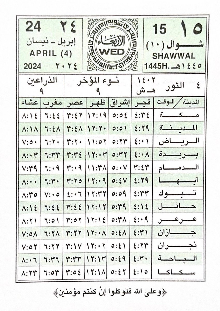 السلام عليكم ورحمة الله
🗓اليوم #الاربعاء
15 - 10 #شوال - 1445🔺281
24 - 4 #ابريل - 2024🔺115
.
⏱باقي على
#الراتب 4
#التقاعد 1
#الدعم_السكني ✅
#تقاعد_التأمينات 7
#حساب_المواطن 15
#الضمان 7
#حافز 11
#التأهيل 1
#ساند 7
#اجازة_نهاية_العام 47
#يوم_عرفه 52
.
#صيام_الايام_البيض