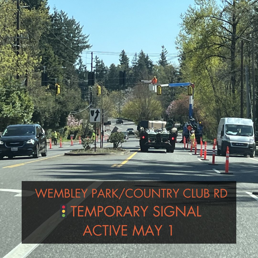 ⚠️🚦Heads up, #LakeOswego! Activation of the new temporary signal at the intersection of Country Club Rd & Wembley Park Rd is expected on Wed, 5/1. Please watch for crews & flaggers, & be alert as the new signal becomes activated. More information: shorturl.at/rIL02