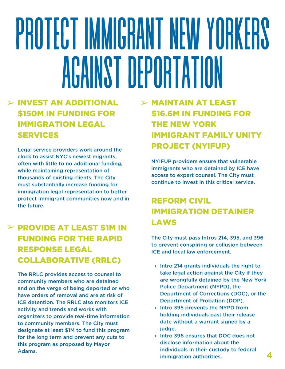 👪NYC must continue to protect immigrants! The City must increase funding for immigration legal representation to better protect our communities now & in the future. It must also prevent conspiring or collusion between ICE & local police. Learn more maketheroadny.org/2024-nyc-polic…