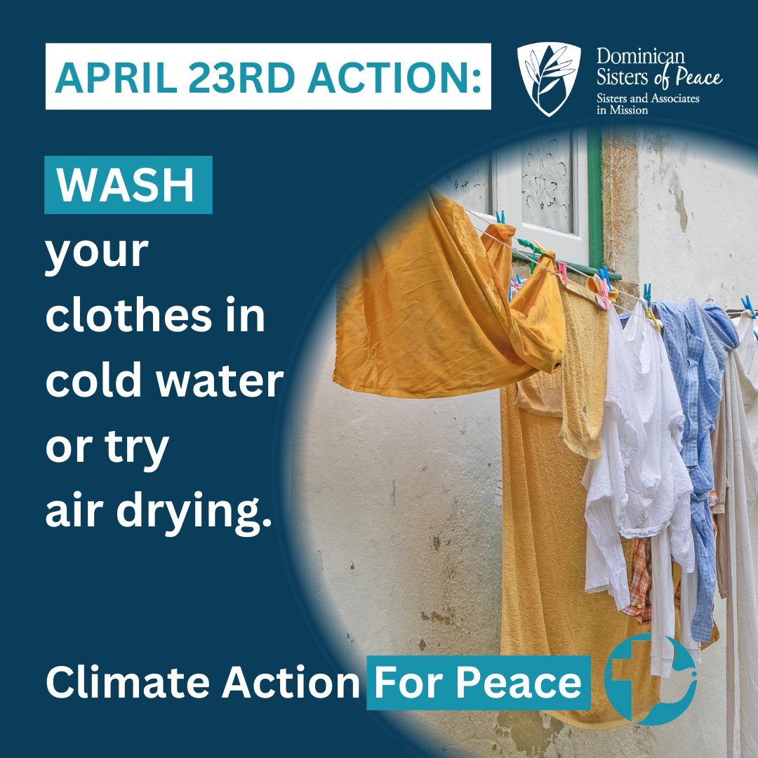 This week try washing your clothes in cold water if you don’t already. Or try skipping the dryer for at least some of your laundry and air dry it instead. You can reduce your emissions and lower your electricity bills at the same time! #ClimateActionForPeace