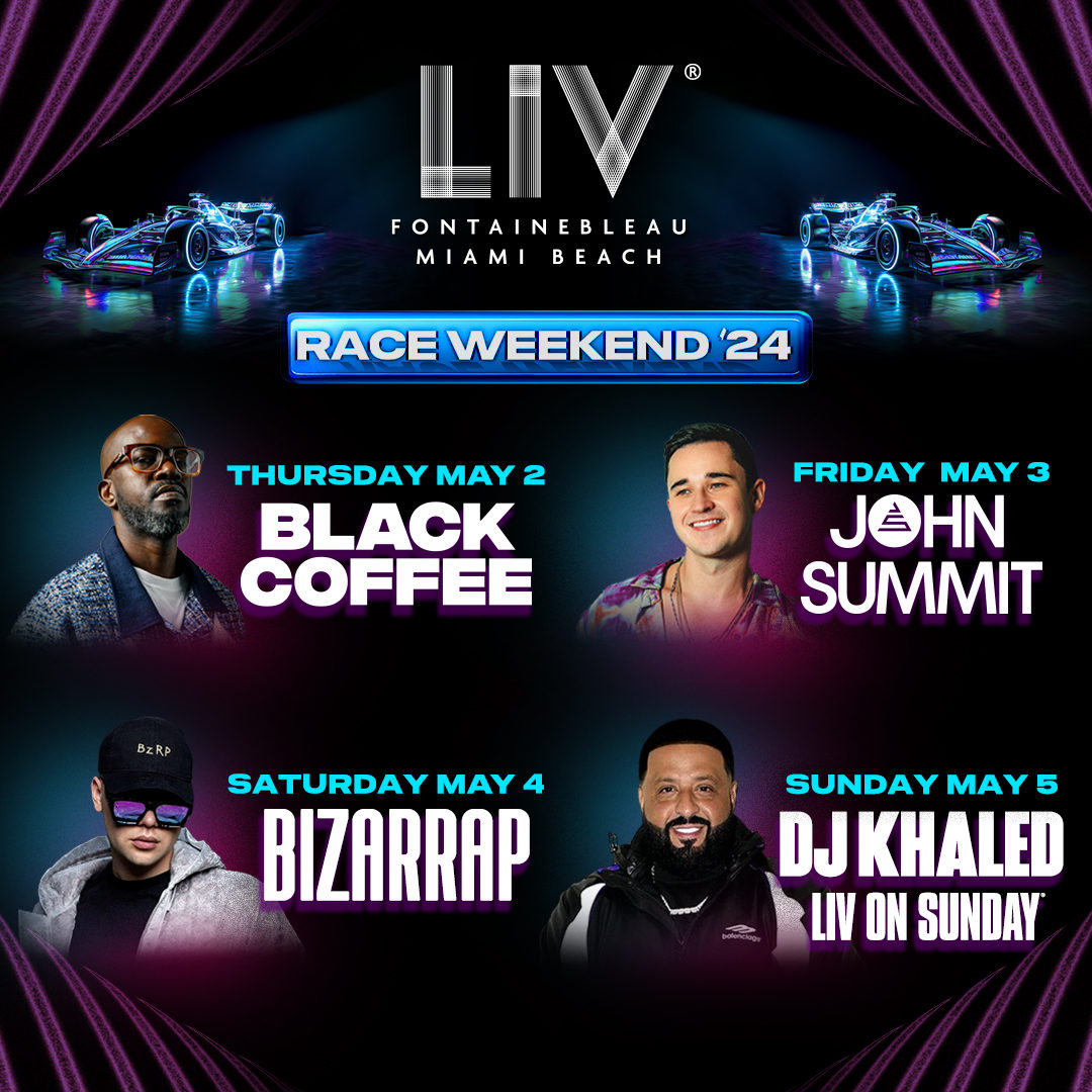 Lights out and away we go... 🏎💨 Race Weekend starts NEXT THURSDAY, May 2nd with @realblackcoffee! 🎟 LIVnightclub.com/Miami