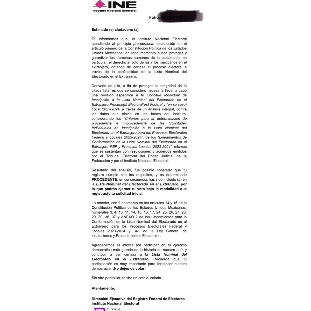 Les comparto con felicidad que nuevamente me encuentro en la lista nominal del electorado en el extranjero, que mi registro cumple con todos los requisitos y es de nuevo PROCEDENTE. Contento de poder ejercer mi voto este próximo 2 de Junio. Gracias @INEMexico y @VotoExtranjero 🇲🇽