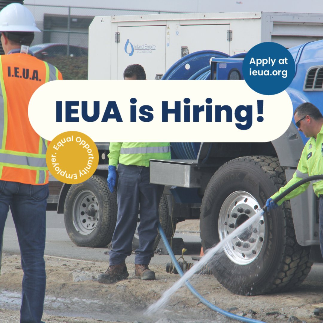 IEUA is hiring for a Records Specialist (18 Months Limited Term), Intern (Planning & Resources), Project Manager I/II (DOQ), Assistant Engineer/Associate Engineer (DOQ), and Senior Wastewater Treatment Plant Operator. Apply today at governmentjobs.com/careers/ieua #ieuawater #cawaterjobs
