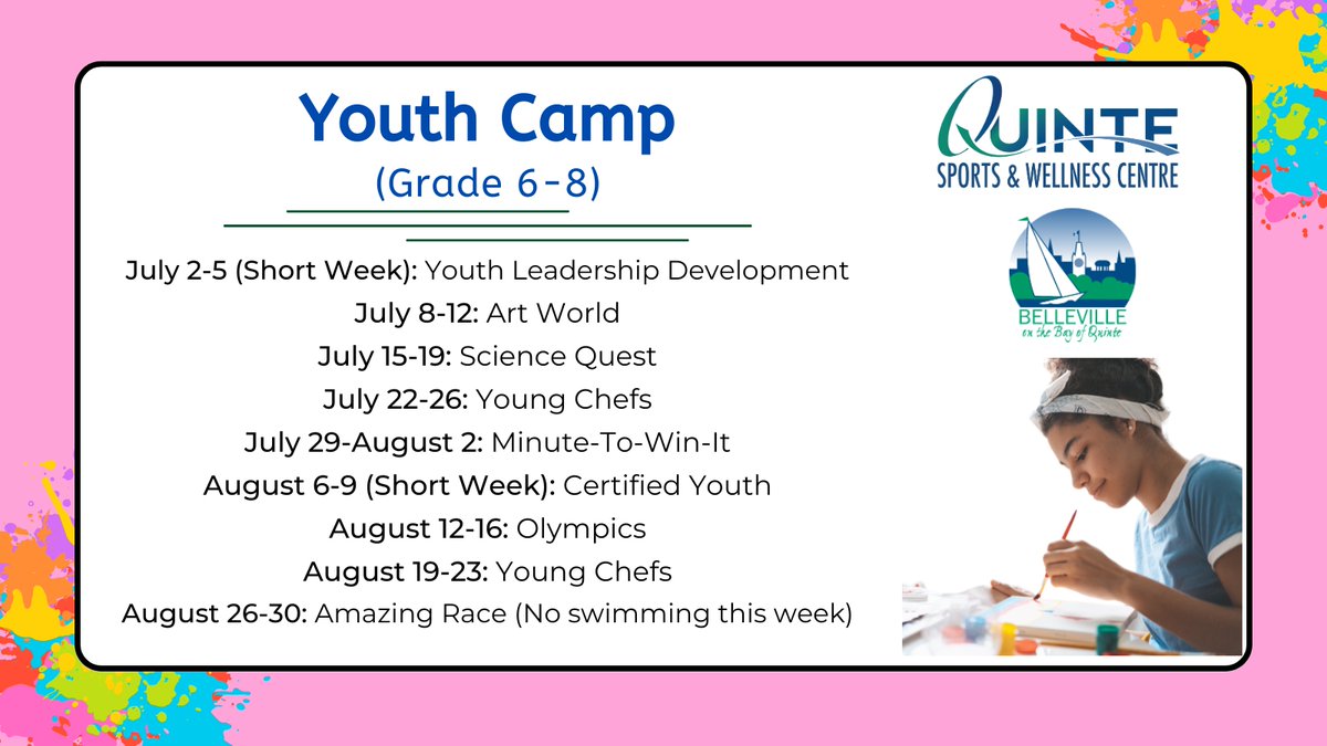 Youth Camp| Calling all Grades 6-8. Enjoy a summer full of fun at the Quinte sports & Wellness Centre. Enjoy daily swimming, gym time and themed activities. To register, call 613-966-4632, stop by QSWC or visit the link below. ow.ly/O6FJ50RmBuM