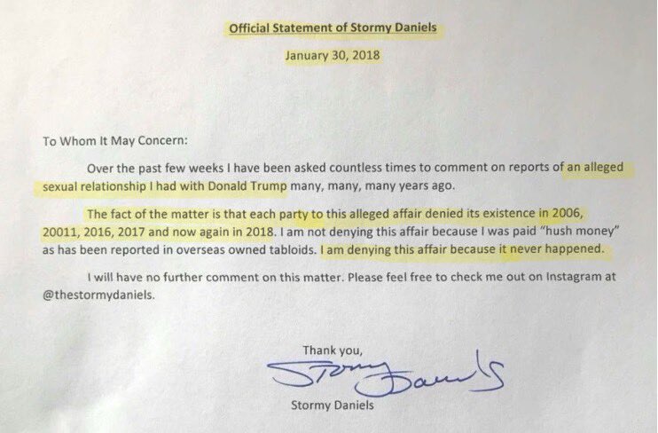 Stormy Daniels has repeatedly denied having an affair with Donald Trump. 

In fact, 2 years ago, a final ruling was made in favor of Donald Trump, that this hush money case was a frivolous lawsuit brought by the now imprisoned Michael Avenatti, and that Stormy Daniels owes Trump