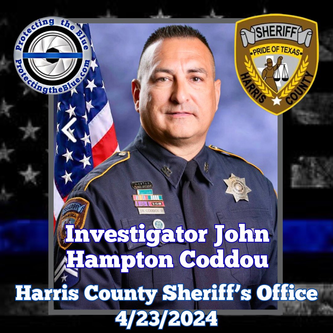 RIP. Texas Investigator John Hampton Coddou was struck and killed while helping at the scene of a vehicle crash. Investigator Coddou was a United States Army veteran and had served with the Harris County Sheriff's Office for 20 years. He is survived by his wife and mother.