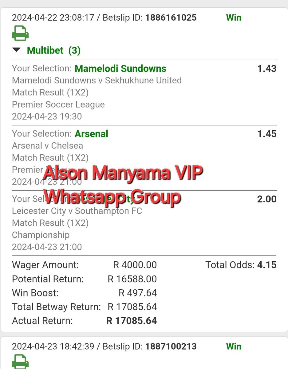 Booom 💥 💥 💥 💥 💥 💥 💥 
Another Betway win R17 085.64

Ref: 'Shared in my R2000 per month whatsapp group'.

 DEPOSITS (Alson Manyama):  Capitec acc no: 1600758183  FNB acc no: 63021069041

Let's get it