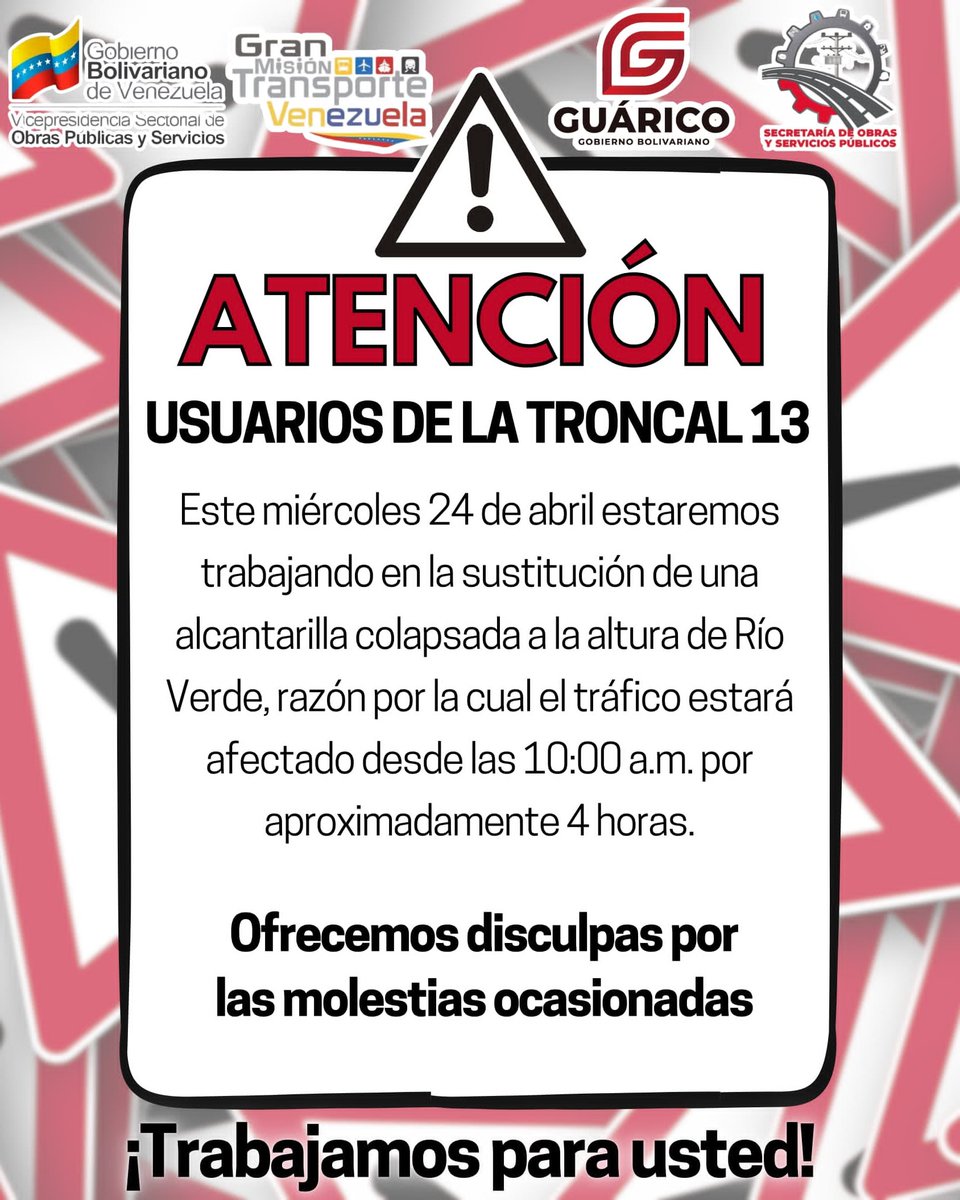 #SEPA🔴 ¡Atención usuarios de la Troncal 13! Este miércoles 24 de abril estaremos trabajando en la sustitución de una alcantarilla colapsada a la altura de Rio Verde, razón por la cual tráfico estará afectado desde las 10:00 AM por aproximadamente 4 horas #Guárico