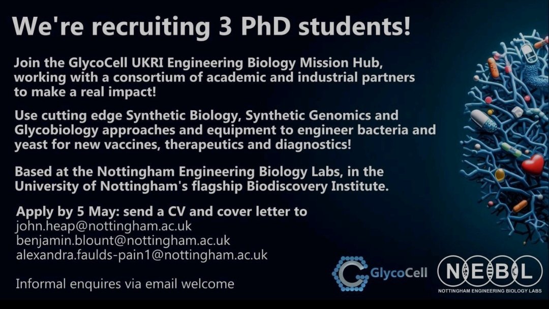 3 #PhD #studentships!
Using Synthetic Biology, #Genomics and Glycobiology approaches to engineer #bacteria and yeast for new vaccines, and diagnostics! Based at the #Nottingham Engineering #Biology Labs, in the #University of Nottingham's flagship #Biodiscovery Institute.