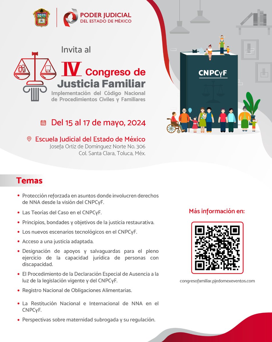 El máximo tribunal mexiquense llevará a cabo el Congreso de Justicia Familiar “Implementación del Código Nacional de Procedimientos Civiles y Familiares”. 👨‍👩‍👧‍👧 Y el Concurso de Sentencias para juzgadoras y juzgadores de todo el país. ⚖️ 📆 Del 15 al 17 de mayo 📍@EJudicialEdoMex