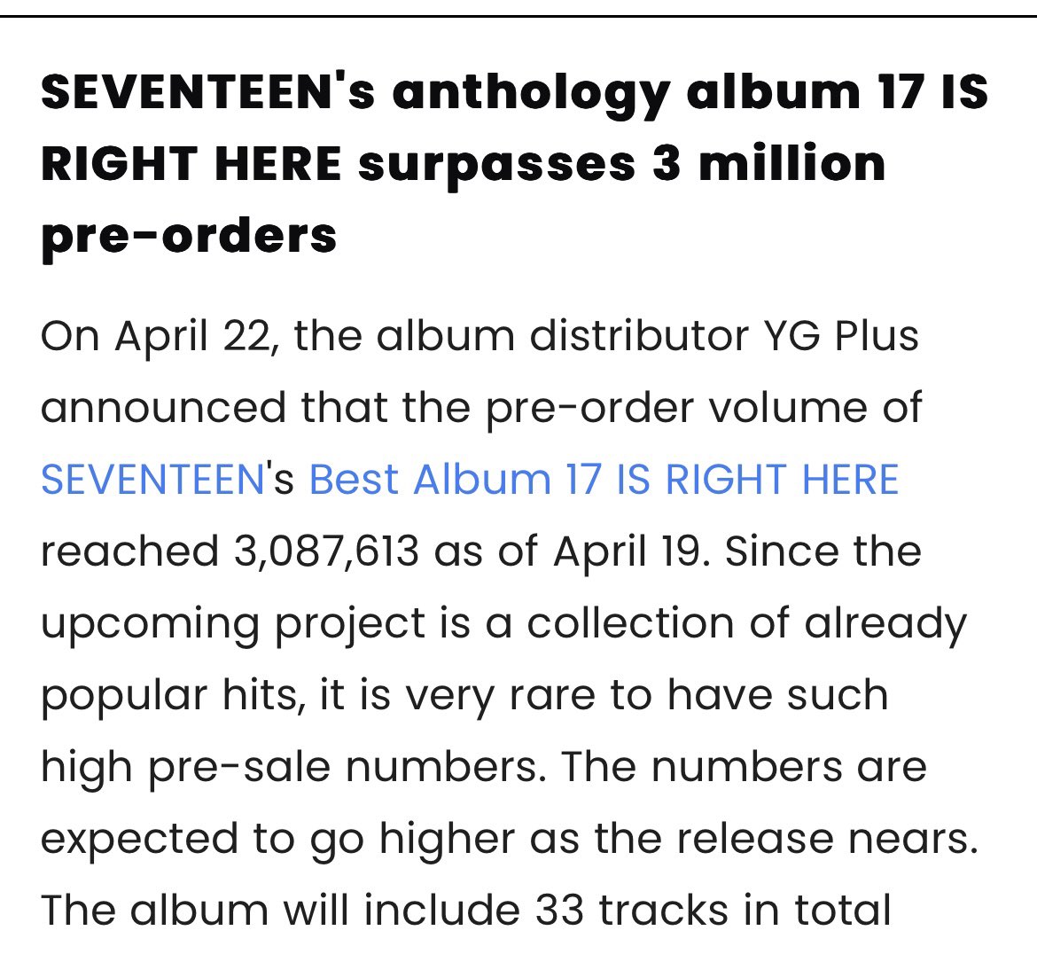 3.087M as of April 19 and is expected to increase higher as the release is near. Damnnnn deserve!!!! 🔥🔥🔥

#17RIGHTHERE
#SVT 
#SVTRecord