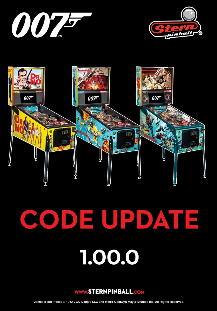 NEW CODE! Stern Pinball has posted new James Bond 007 code v1.00.0 for the Pro, Premium, and Limited Edition models. This code contains the final wizard mode, HER MAJESTY'S SECRET SERVICE! This flips based wizard mode is qualified by lighting all of the center Film Title inserts…