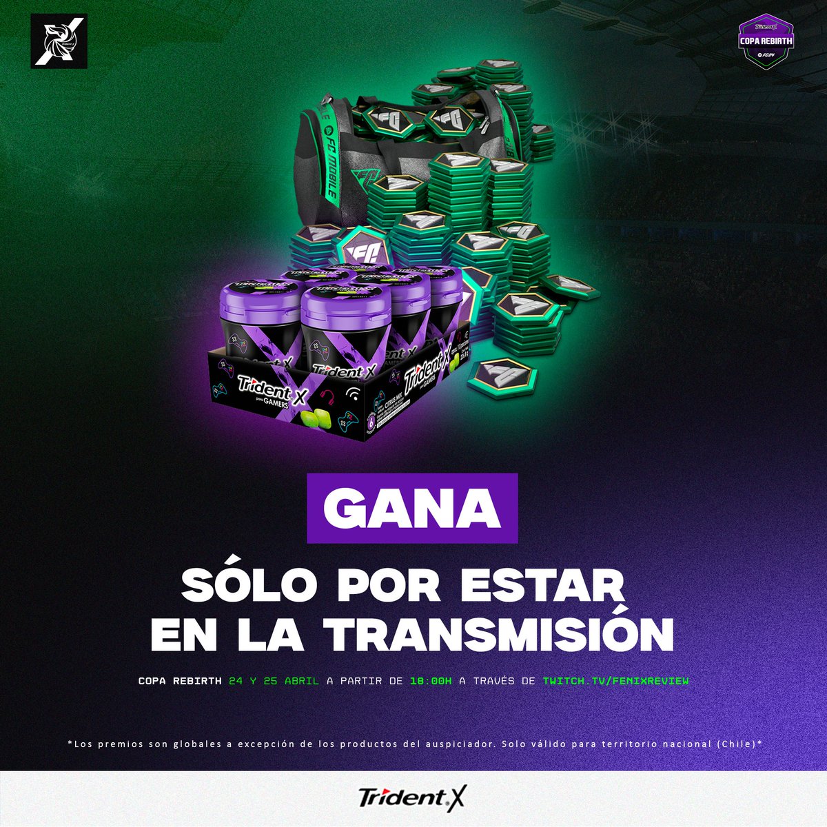 Este 24 y 25 de Abril estaremos sorteando chicles Trident X y FC Points a quienes participen en la transmisión de la Copa Rebirth🏆✨️ 
Marquen estos días en su calendario para que no se pierdan ningún premio 🎁