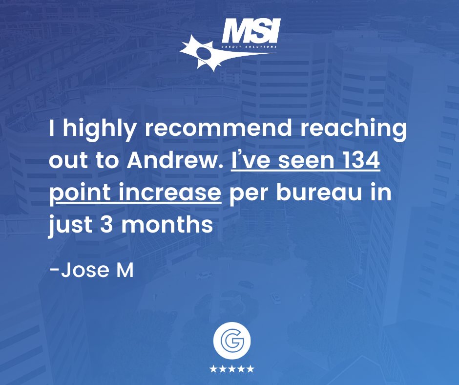 ✨ Unlock Your Credit Potential with MSI! 📈🔓 Discover the power of credit improvement with MSI Credit Solutions! 🚀 Thanks to Andrew's expertise, our clients are experiencing impressive results—a remarkable 134-point increase per bureau in just 3 months! 🌐💪