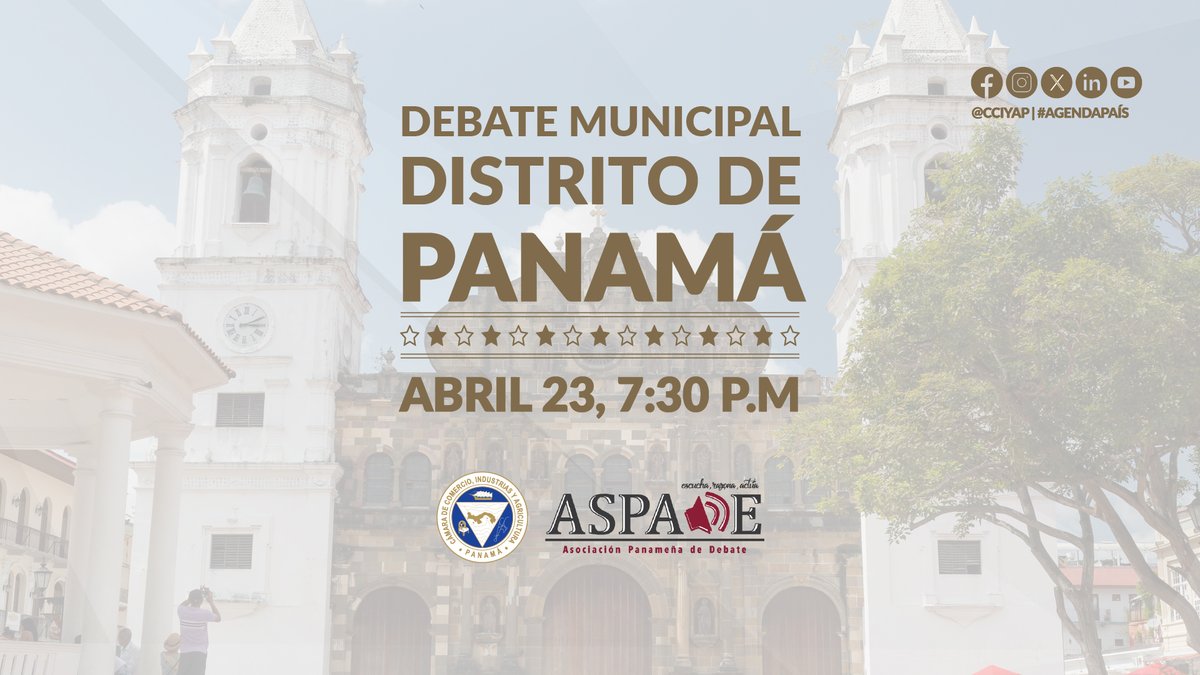 Hoy a las 730 pm #DebateMunicipalPanamá una alianza estratégica de la Asociación Panameña de Debates y la Cámara de Comercio, Industrias y Agricultura de Panamá. 🌐Sigue la transmisión aquí: youtube.com/live/cmrO4p4Rv…