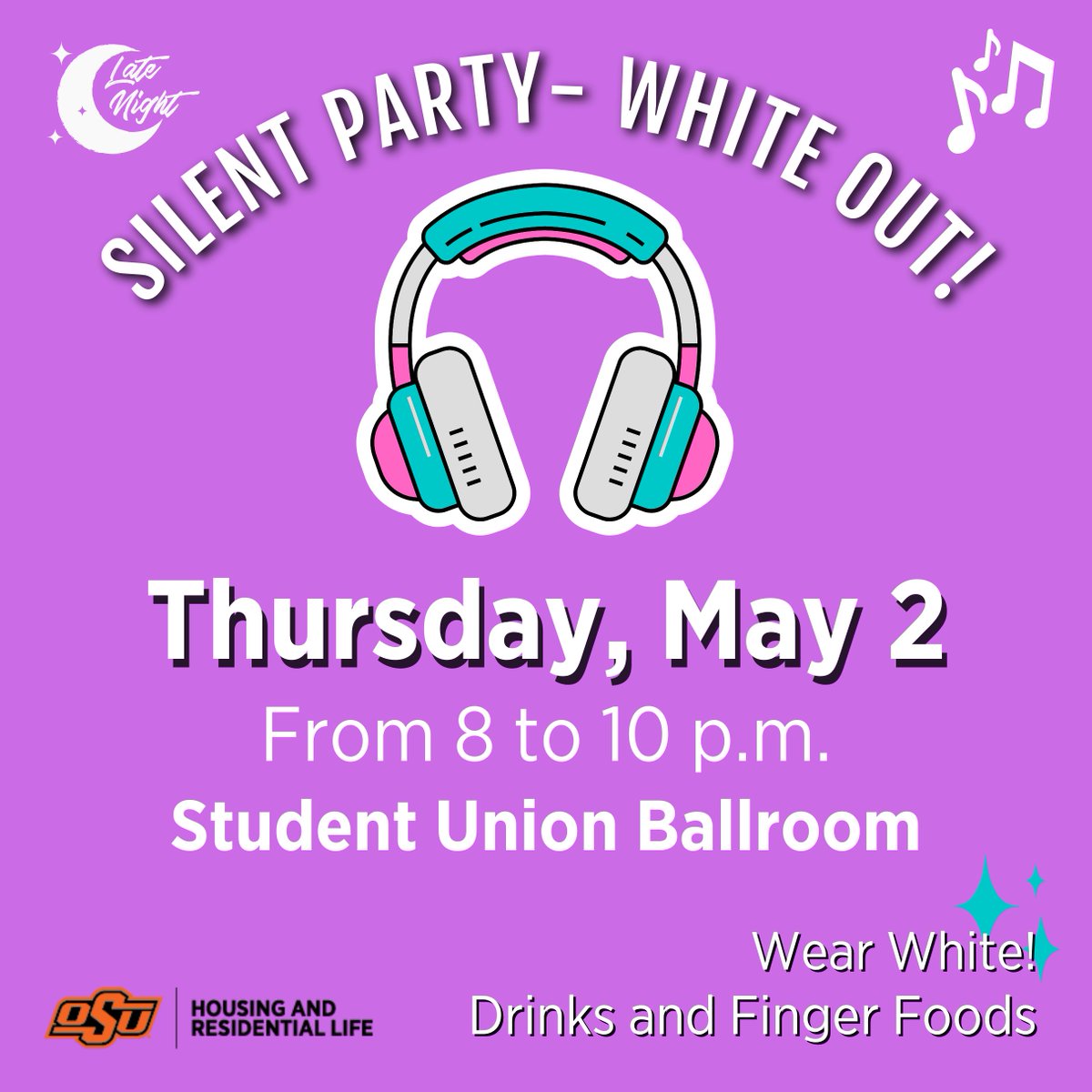 Mark your calendars for next week! You won't want to miss this. Bring your friends and wear white!

#latenight #danceparty #silentparty #okstate #okstatereslife