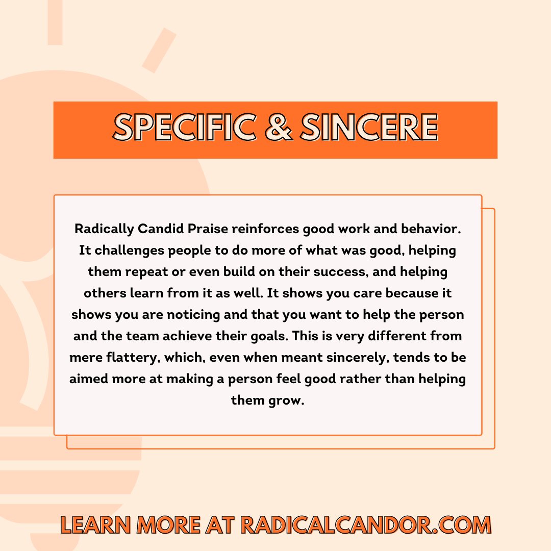 Radical Candor's power lies in sincere praise, not just feel-good moments. It's about lifting others, fueling growth, and nurturing a culture of improvement. Genuine support, not shallow compliments, drives progress. 

Learn more: bit.ly/3Uk9WWu #RadicalCandor #Praise
