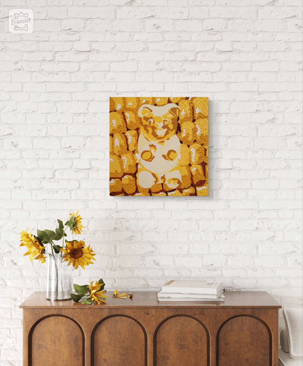 “Product Placement (Gummy Bear) can be yours! Picture this tasty treat in your home 🖼️🍬🐻 #art #acrylicpaint #texturedpainting #gummybear #yellow #candypainting #picturethis #scangelo #nyartist #longislandartist