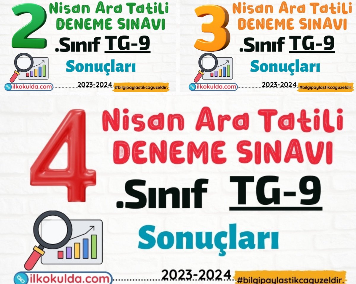 ilkokuldacom's tweet photo. 📌 İlkokul 2️⃣, 3️⃣, 4️⃣. Sınıf NİSAN Ara Tatili Türkiye Geneli ONLİNE Deneme Sınavı TG-9’un Sonuçları 2023-2024

✔️ 2️⃣ .Sınıf: https://t.co/avHtVxQuY0

✔️ 3️⃣ .Sınıf: https://t.co/05pmZr9GZ6

✔️ 4️⃣ .Sınıf: https://t.co/B2Mi6WGV3Y

#bilgipaylastikcaguzeldir #ilkokuldacom https://t.co/ER5tP5qGNf