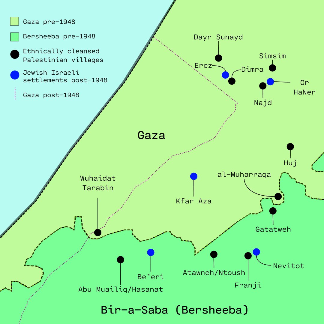 THREAD: You probably saw headlines about how Palestinian fighters from Gaza ‘breached’ the ‘border’ of the Israeli state. Here’s some much needed context: Exclusive Jewish kibbutzes (colonies) such as Kfar Aza and Be’eri exist on ethnically cleansed Palestinian towns and villages