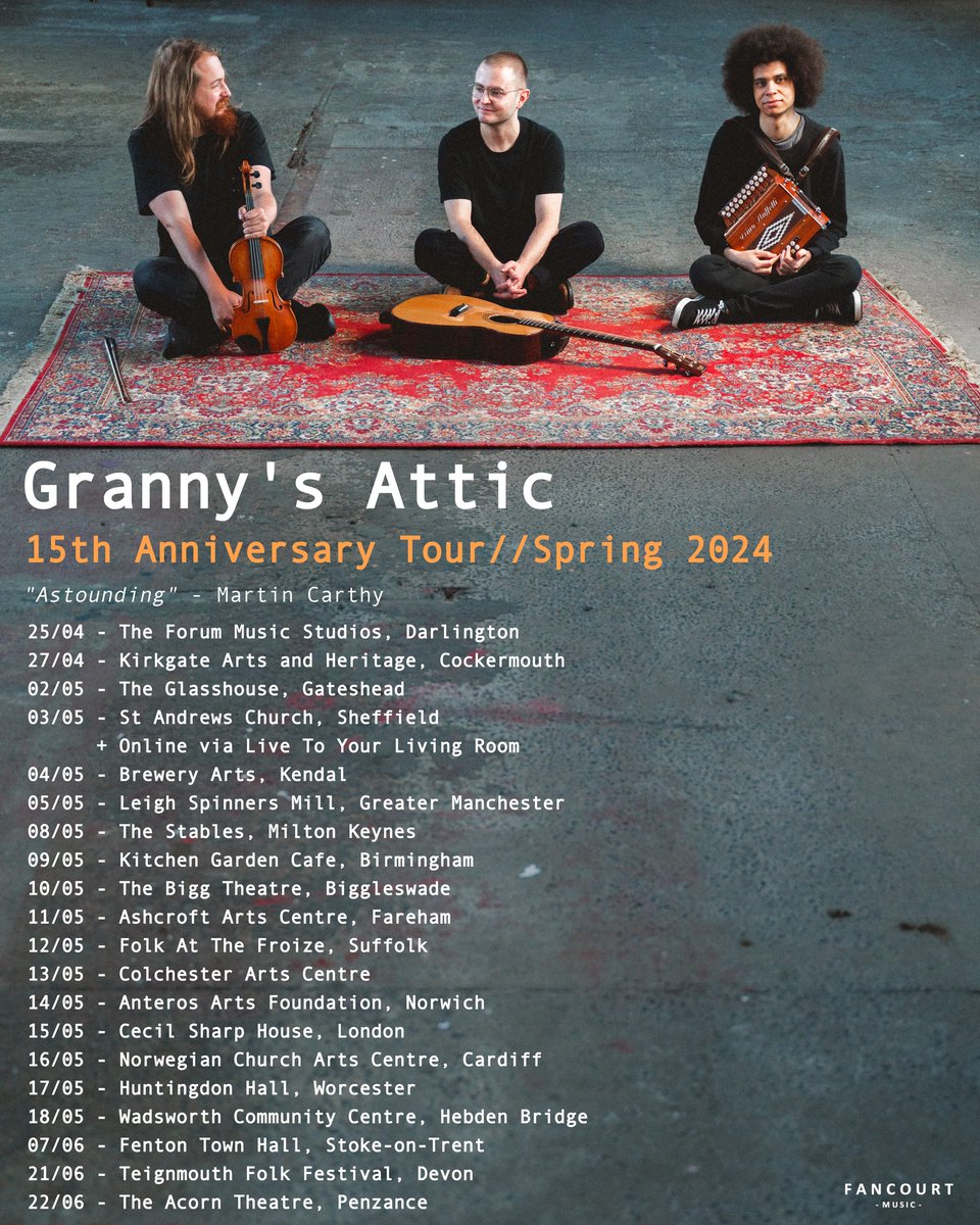 Granny's Attic are off on tour this spring, as they celebrate 15 years of performing together. Wherever you are in the world, join us on Friday 3rd May, as we stream their gig with Live at Sam's in Sheffield to folkies far and wide! livetoyourlivingroom.com/events/grannys…
