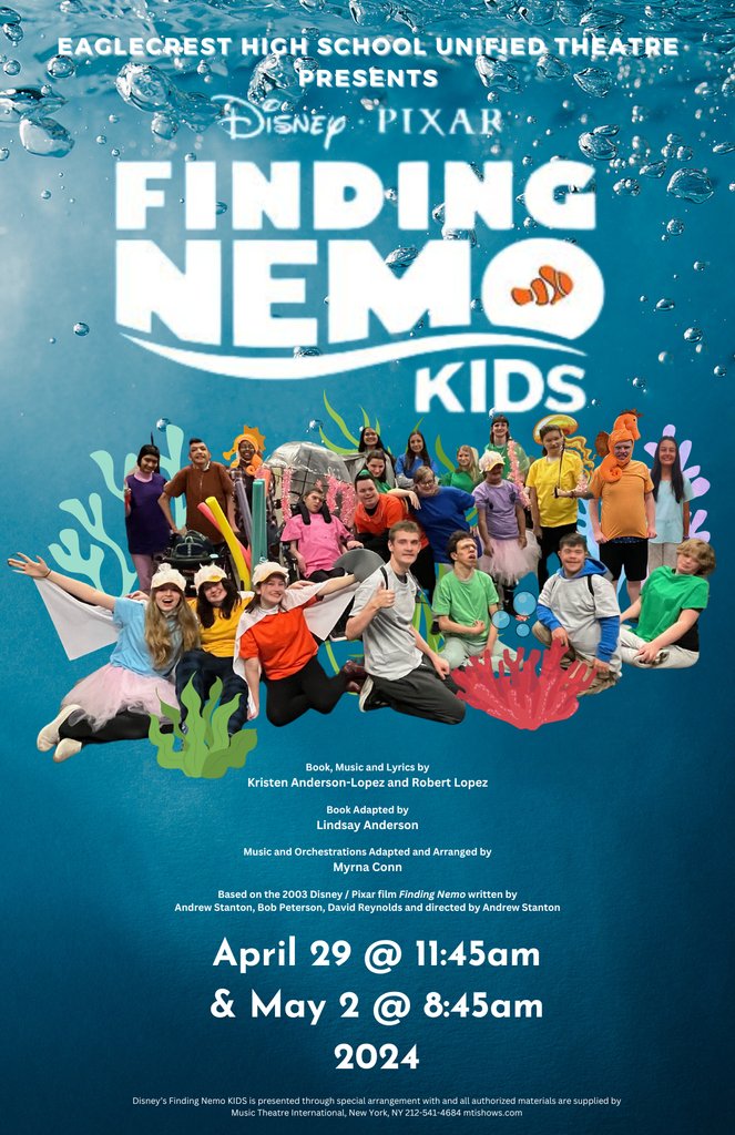 The Unified Theatre Class is performing "Finding Nemo Kids!" during 3rd period on April 29th and 1st period on May 3rd.