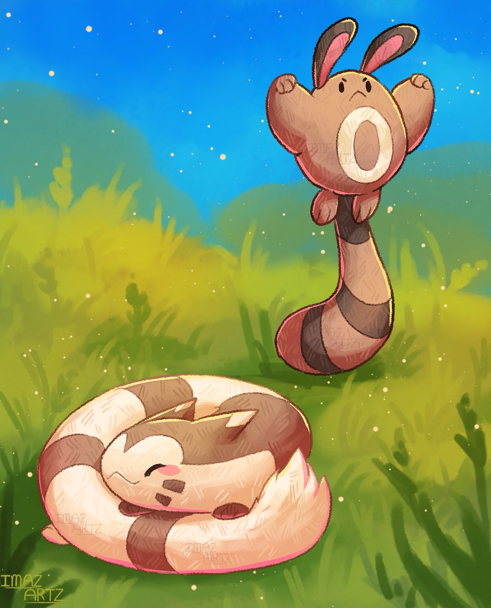 #188 [Pokemon Evolution Line] - Fluffy... Ferrets? I present, Furret sleep!! They took a break from all the walking >:3 #pokemon #pokemonart #fanart