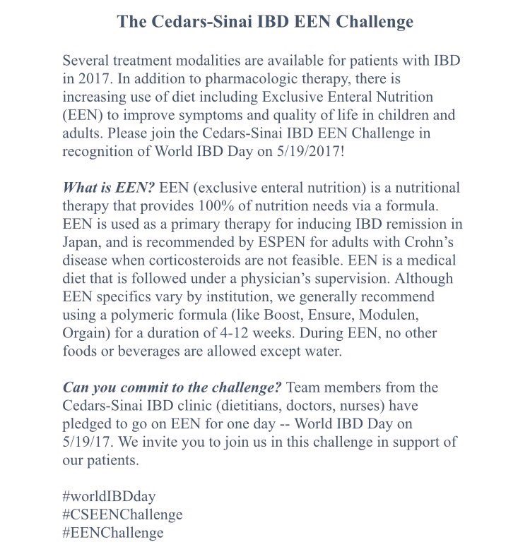 Each year (image from ‘17), incredible IBD dietitian @GIDietitian helps lead a challenge for the GI community & those involved in #IBD care. 🥤#EENChallenge invites GI community for #WorldIBDDay to try 24hrs of EEN - a diet approach known to promote healing in IBD. 📣Who’s in?🥛