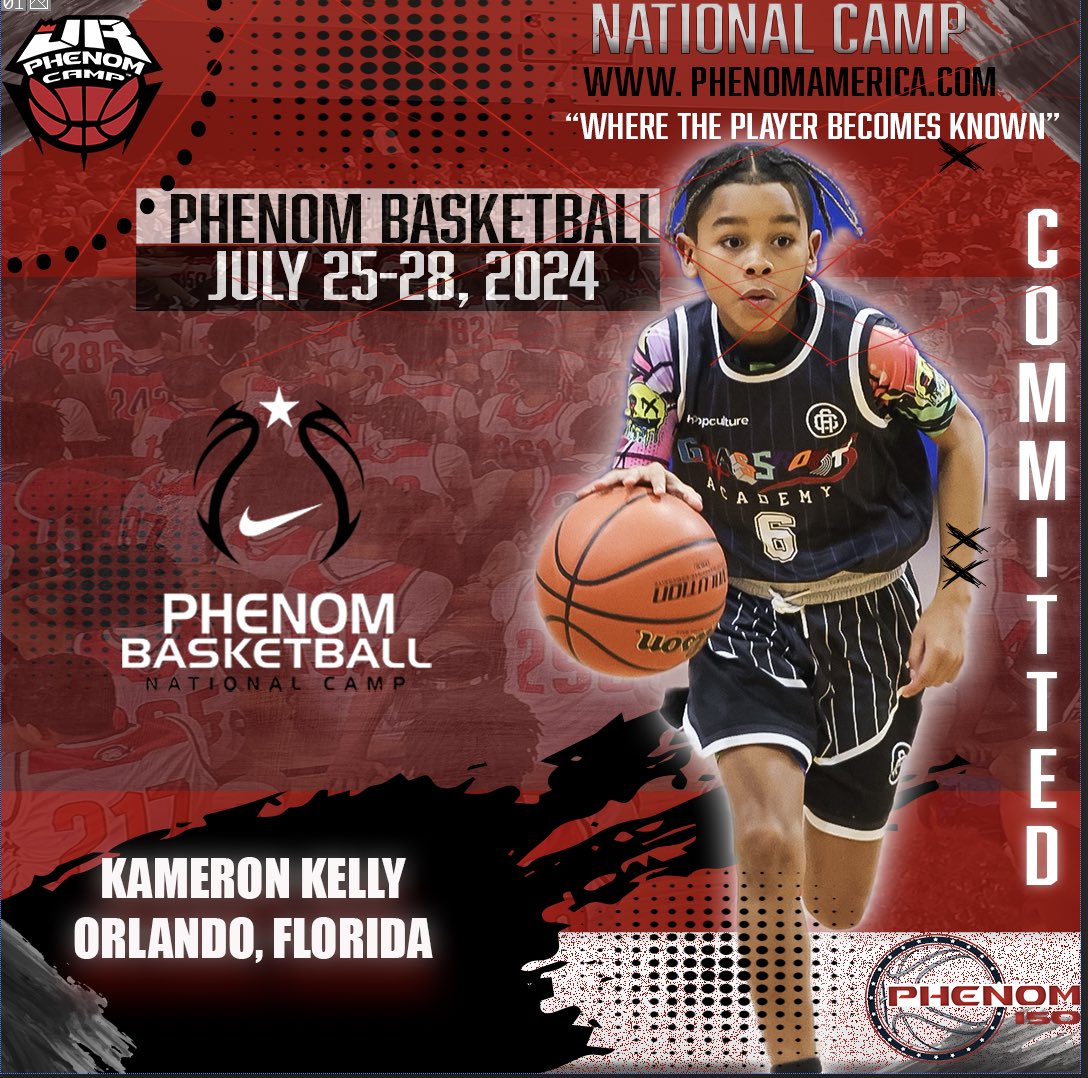 Phenom Basketball is excited to announce that Kameron Kelly from Orlando, Florida will be attending the 2024 Phenom National Camp in Orange County, California on July 25-28!
.
.
#wheretheplayerbecomesknown
#PhenomAmerica #PhenomNationalCamp #Phenom150 #jrphenomcamp