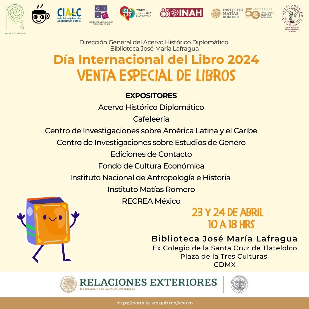 💜 Encuentra nuestra mesa de publicaciones en la Venta especial de libros convocada por el @Acervo_SREmx. Hoy y mañana estaremos de 10 a 18 horas en la Biblioteca José María Lafragua por el #DíaDelLibro 📍Ex Colegio de la Santa Cruz Tlatelolco, Plaza de las Tres Culturas