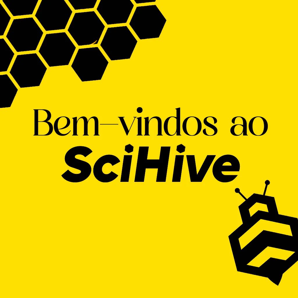 Imagem com fundo amarelo bem aberto com alguns hexágonos em preto no canto esquerdo superior e a logo do SciHive que é uma abelha no formato de hexágono em preto e amarelo no canto inferior direito. No meio tem a escrita “Bem-vindos ao”com uma fonte mais fina e logo embaixo “SciHive”com uma fonte mais grossa.