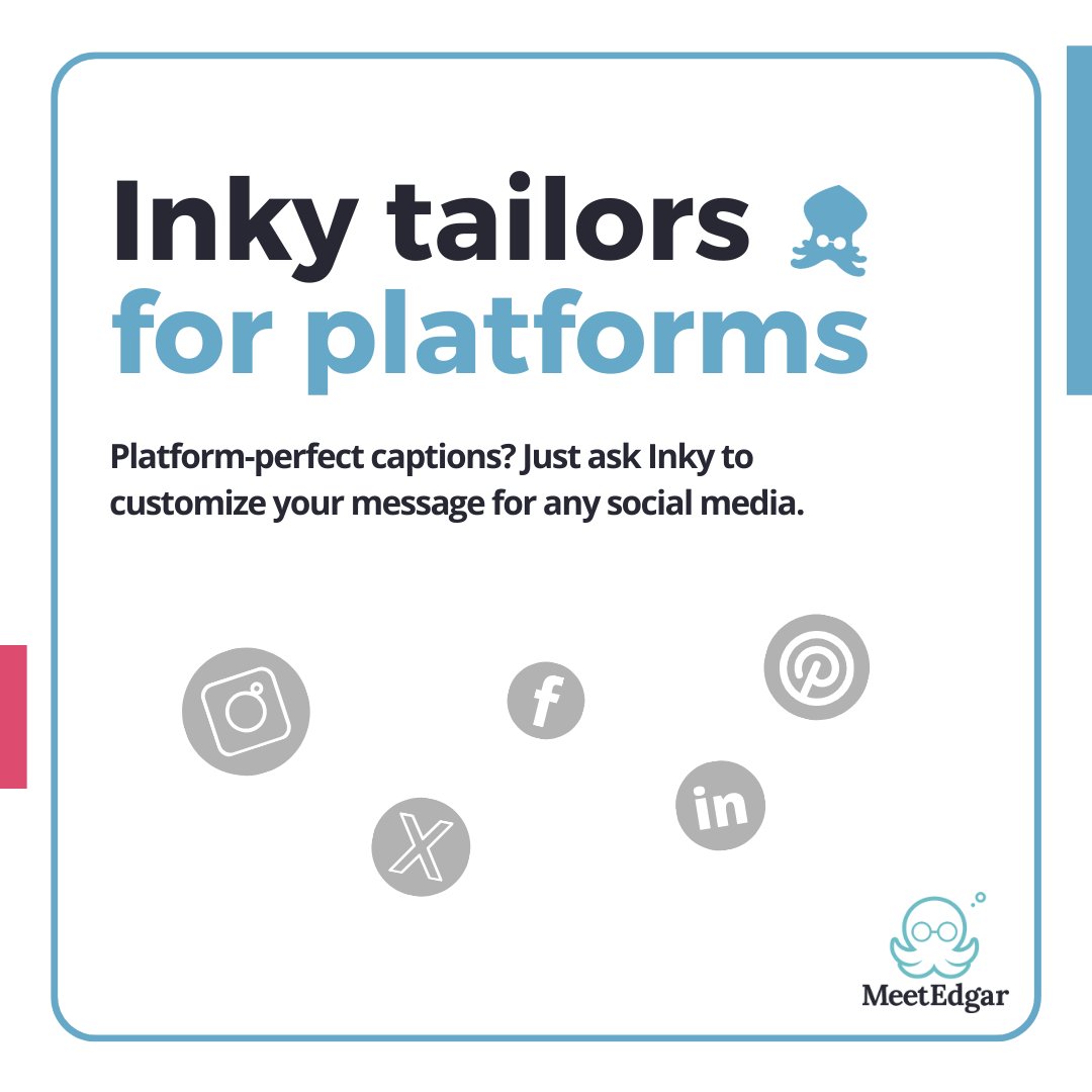 Ahoy! Did you know that tailoring social media content to specific platforms is very important? My pals don't need to worry about that, though, because they can count on Inky to do all the hard work for them! #SocialMediaAI #AIMarketing #AIContentCreation #AICaptionWriter