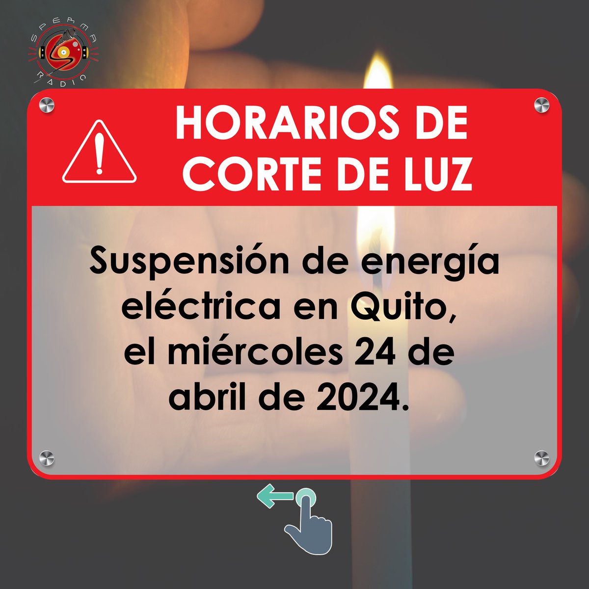 spermaradio_com's tweet photo. 🚨Atención, nuevos #horarios de #corte de luz en #Quito para este miércoles 24 de abril de 2024.
Visiten la página de la @ElectricaQuito
#cortedeluzecuador #sinluz #spermaradio #Ecuador #fyp #viral #parati #luz #postviral #Descontrolec #atención #alerta https://t.co/xeeKluQY6l