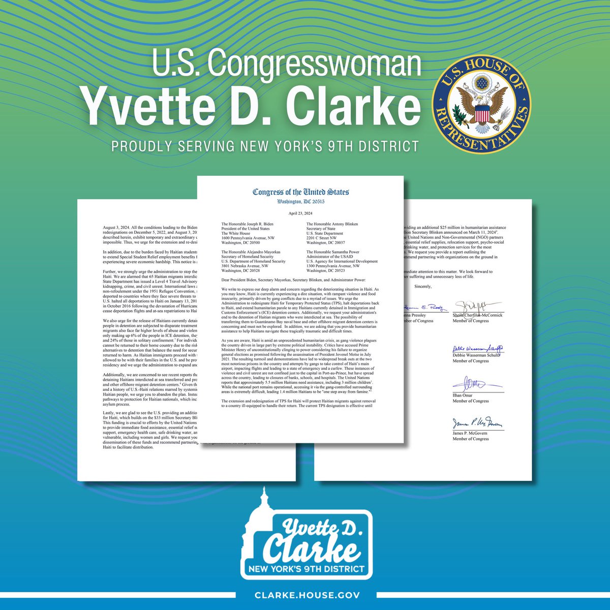 Today, I and my fellow Haiti Caucus Co-Chairs, @CongresswomanSC and @RepPressley, led 50 of our colleagues in a letter to the Biden Admin urging extended safeguards for Haitian migrants & the delivery of additional humanitarian assistance to Haiti. clarke.house.gov/clarke-and-hai…