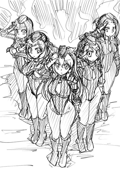 アイカツベガ親衛隊シチュ描いてますここまで描いててあれだけど普通に横一列での整列の方が良かったかな?どうだろ? 
