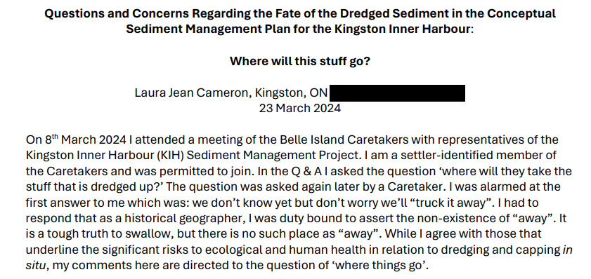 Also State Of The City

'‘Where will they take the stuff that is dredged up [from the Inner Harbour]?’ I was alarmed at the first answer to me which was: we don’t know yet but don’t worry we’ll “truck it away.”'
#Quote #ygk #ClimateLeadership  🧵1 of 2
cityofkingston.ca/documents/1018…