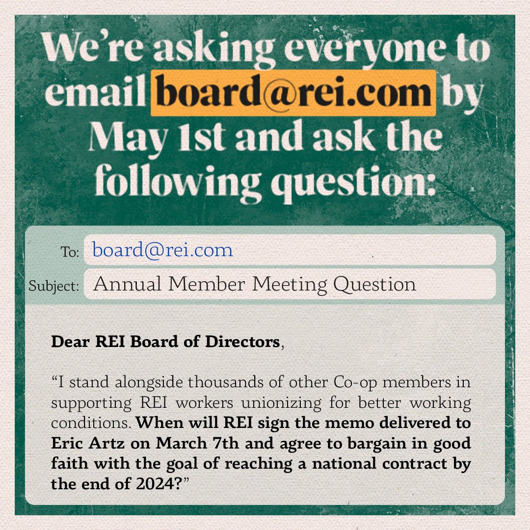 🚨 CALLING ALL REI MEMBERS, SHOPPERS, AND UNION SUPPORTERS!! 🚨 We need YOUR help making our collective voice heard this week. REI hosts its annual meeting on May 9th, and this is our opportunity to ask Co-op leadership to commit to reaching a fair deal with workers at union