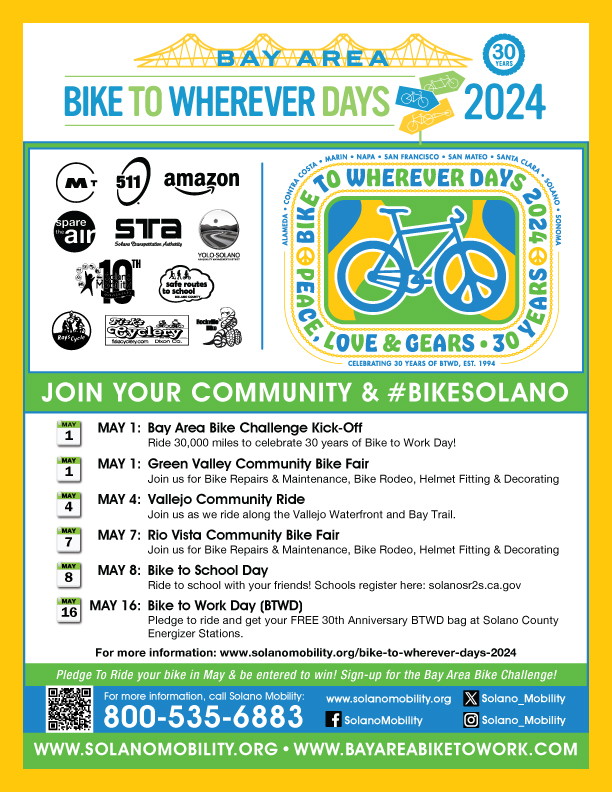 Welcome to #biketowhereverdays 2024 Solano County!
Hope you're ready for a month full of fun events, challenges & activities to get you pedaling!
Let's celebrate biking for fun, transportation, exercise & more!
#bikesolano #bikemonth #commutesolano

FMI: solanomobility.org/bike-to-wherev…