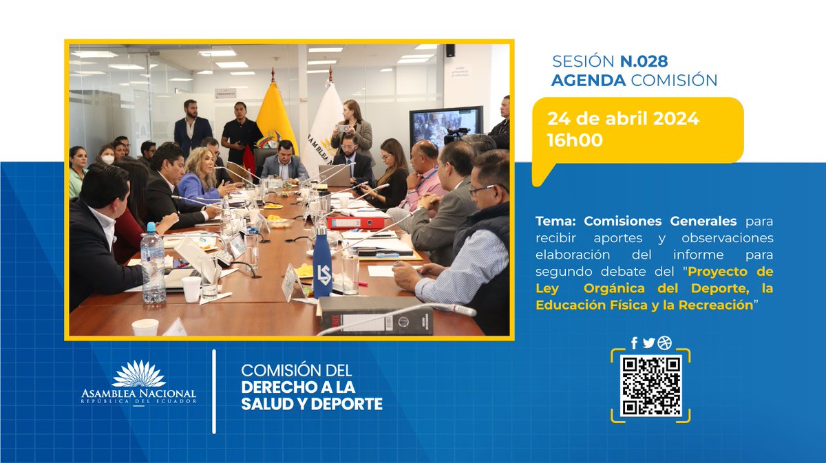 🗓️➡️ Agenda Comisión: 24/abril, 16h00. ➡️ Sesión N. 28: recibiremos aportes y observaciones para la elaboración del Informe para el 2do Debate de la #LeyDeDeporte. #SaludParaLaGente