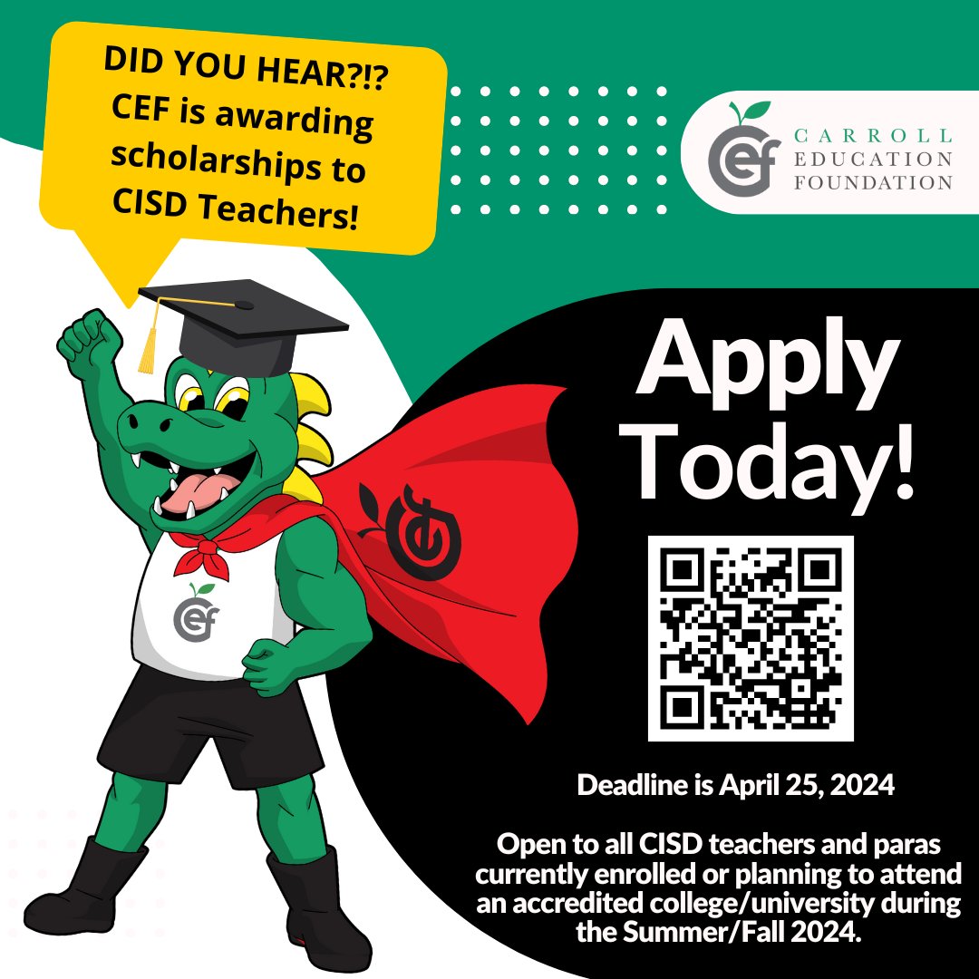 The deadline is approaching quickly!  ⁠📚️🍎🎓️
⁠
CISD Teachers, don't delay the deadline is April 25, 2024! Apply Here Today: jotform.com/form/200504199…⁠
⁠
#WeFundTeachers⁠
#DragonProud⁠