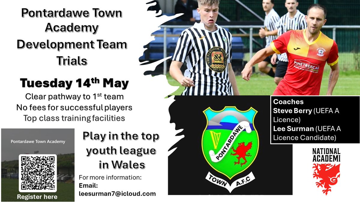 🅿🅾🅽🆃🅰🆁🅳🅰🆆🅴 🆃🅾🆆🅽 🅳🅴🆅🅴🅻🅾🅿🅼🅴🅽🆃 🆃🆁🅸🅰🅻🆂 🅰🅽🅽🅾🆄🅽🅲🅴🅳

Register below to play in the top youth league in Wales. Highly successful transition into 1st team football. Work with a fantastic coaching setup where player development is at the fore.