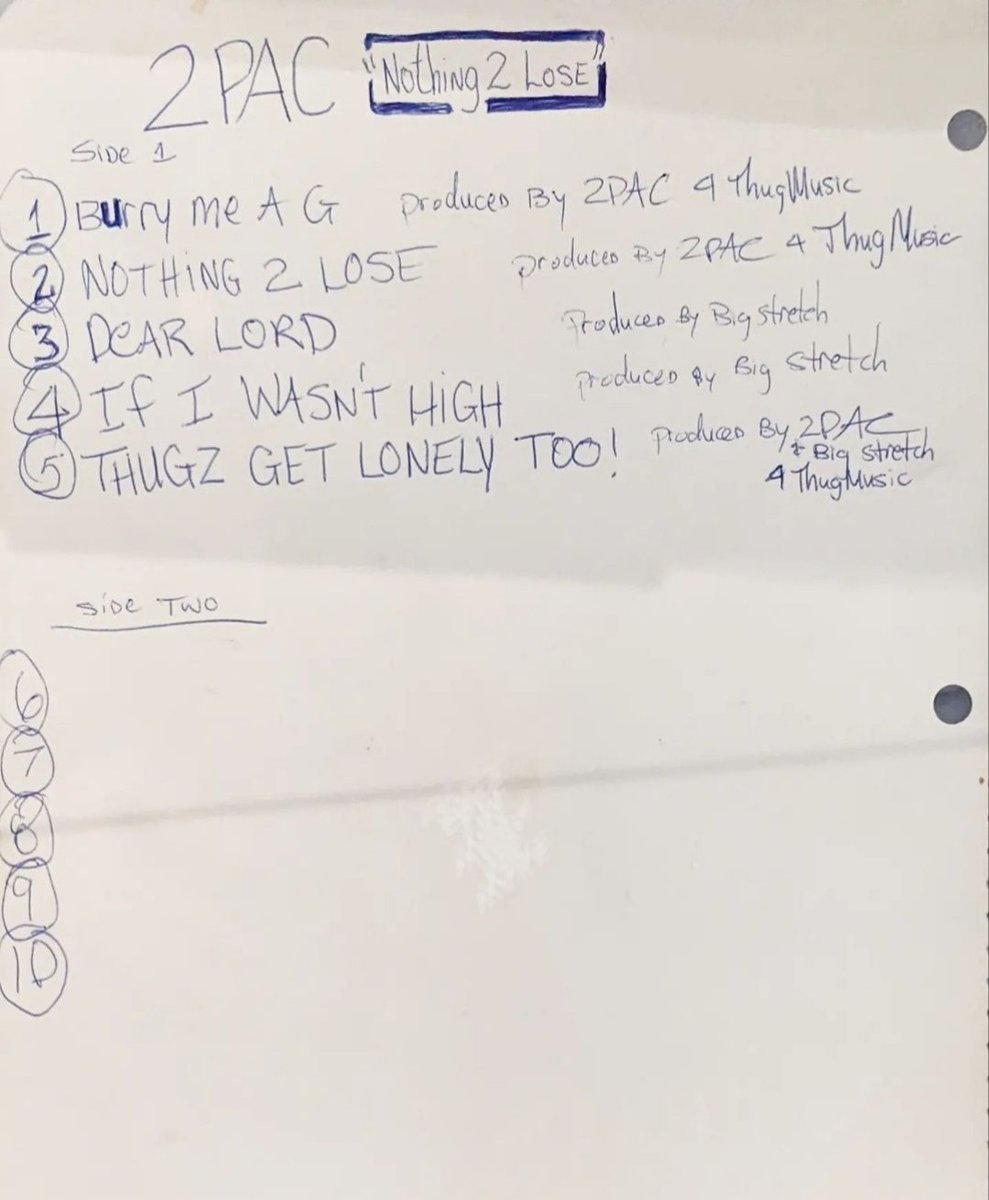 Unfinished 'Nothing 2 Lose' album tracklist by 2Pac, circa 1994. This was a concept before plans shifted to Thug Life and Me Against The World.

It also contains the unreleased  'If I Wasn't High' as well as the unreleased solo version of 'Bury Me A G'.

#2pac #tupac #90shiphop