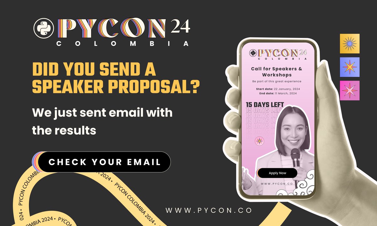 pyconcolombia's tweet image. 📣 Did you already check your email inbox? 📣
We have already sent you the results of the PyCon Colombia 2024 CFP!
Congratulations to all the applicants who were accepted, thank you for participating during this process.🫶🫶
#PyConColombia2024 #CFP #PythonColombia #Pythoncode